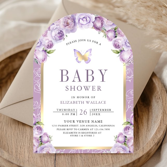 Lavender Lila Blumenarmbutterfly Babydusche Einladung (Von Creator hochgeladen)