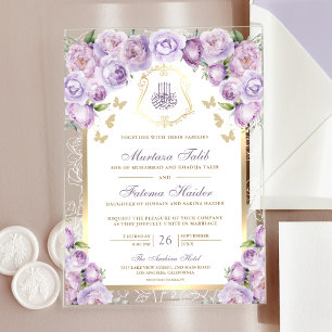 Lavender Lila blumengoldene Hochzeit Acryleinladungen