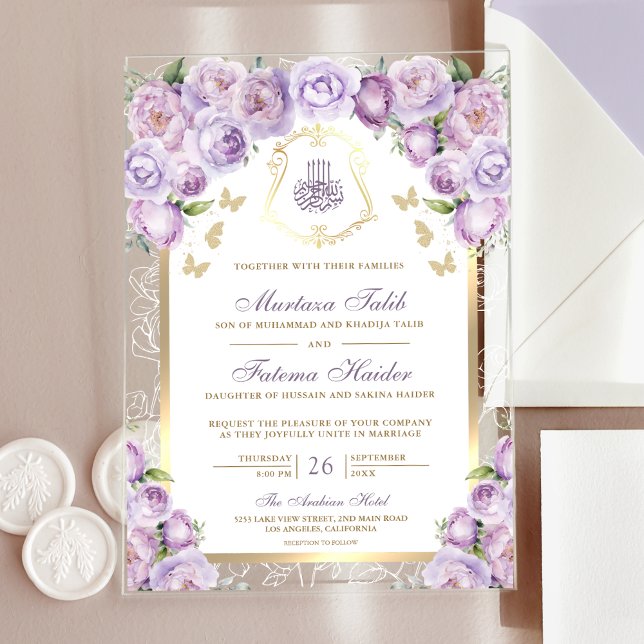Lavender Lila blumengoldene Hochzeit Acryleinladungen (Von Creator hochgeladen)