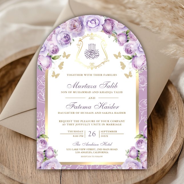 Lavender Lila blumengoldene Hochzeit Einladung (Von Creator hochgeladen)
