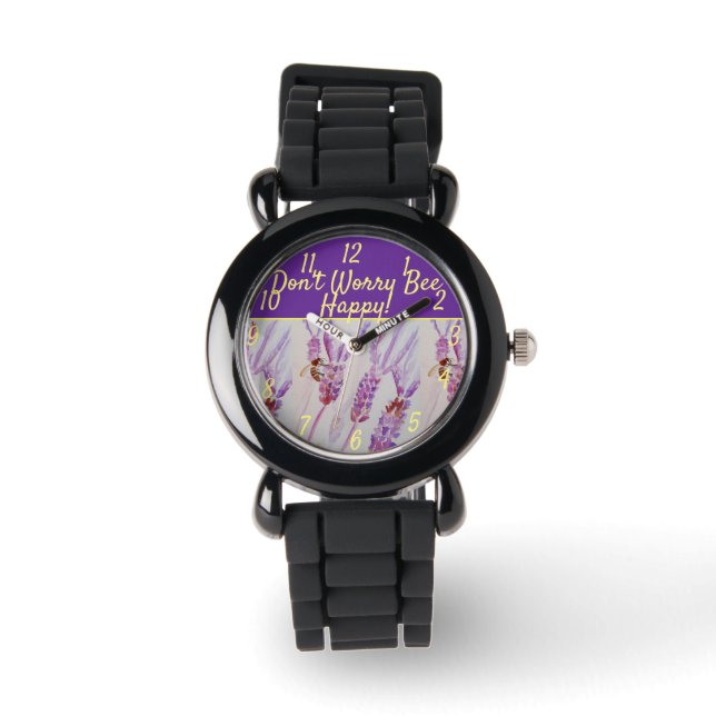 Lavender Lila Blumenkunst Keine Sorge Bienen glück Armbanduhr (Vorderseite)