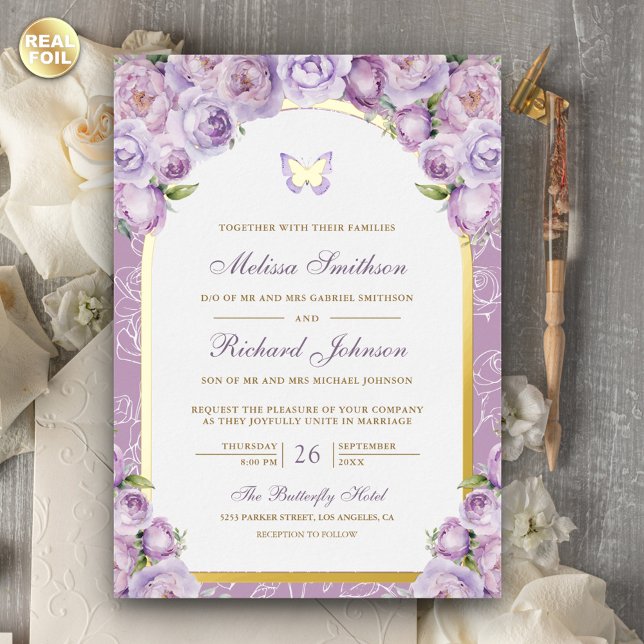 Lavender Lila Blumenstrauß-Hochzeit Folieneinladung (Von Creator hochgeladen)
