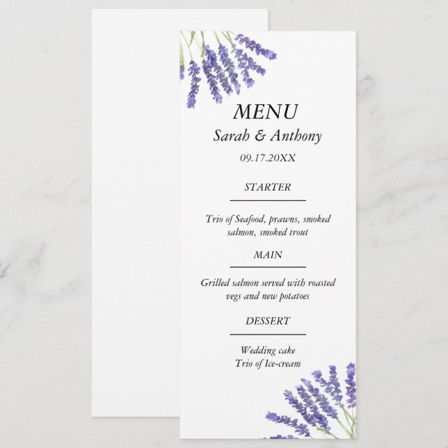 Lavender Lila Blumenwasser Hochzeitsnahrung Menükarte (Vorne/Hinten)