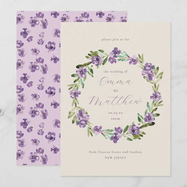 Lavender Lila Botanische Kranzhochzeit Einladung (Vorne/Hinten)