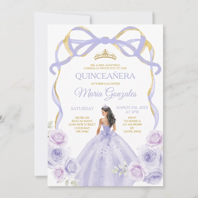 Lavender Lila Bow Princess Gold Quinceañera Einladung (Vorderseite)