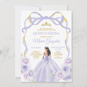 Lavender Lila Bow Princess Gold Quinceañera Einladung