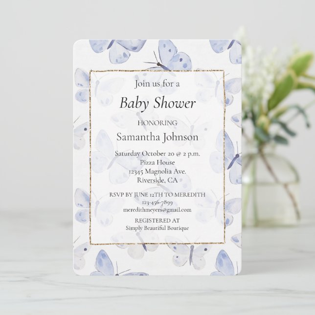 Lavender Lila Butterflies Babydusche Einladung (Stehend Vorderseite)