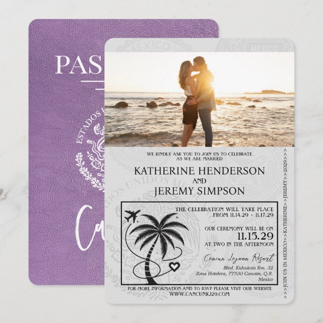Lavender Lila Cancun Passport Wedding Einladung (Vorne/Hinten)
