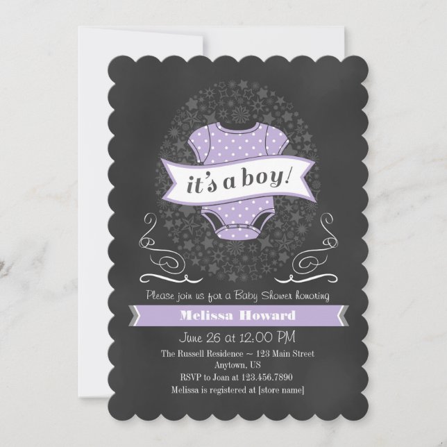 Lavender Lila Chalkboard Boy Baby Dusche einladen Einladung (Vorderseite)