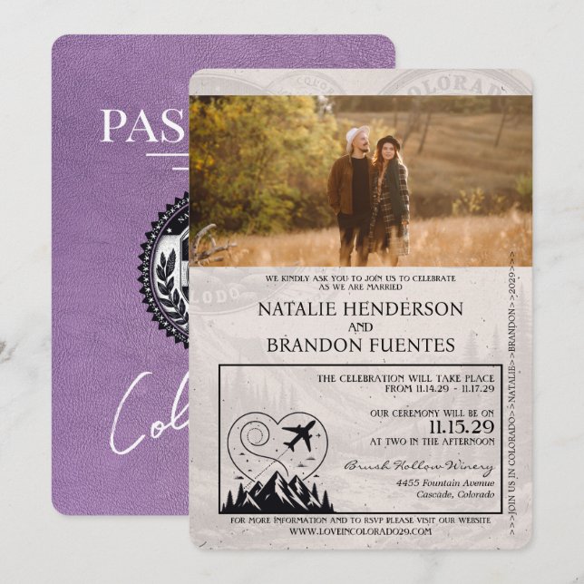 Lavender Lila Colorado Passport Wedding Einladung (Vorne/Hinten)