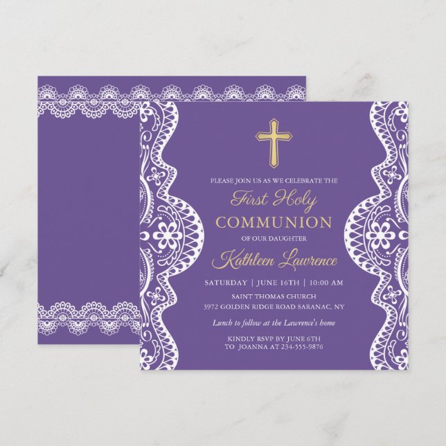 Lavender Lila Elegante Spitzen Erste Heilige Kommu Einladung (Vorne/Hinten)