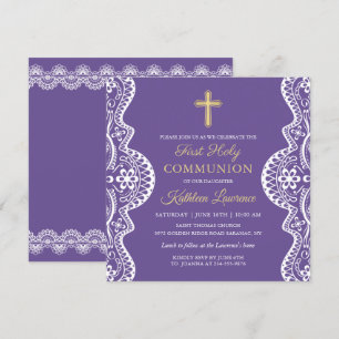 Lavender Lila Elegante Spitzen Erste Heilige Kommu Einladung