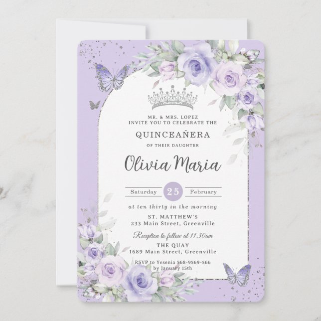 Lavender Lila Flora Schmetterlinge Quinceañera Einladung (Vorderseite)