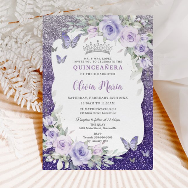 Lavender Lila Flora Schmetterlinge Quinceañera Einladung (Von Creator hochgeladen)