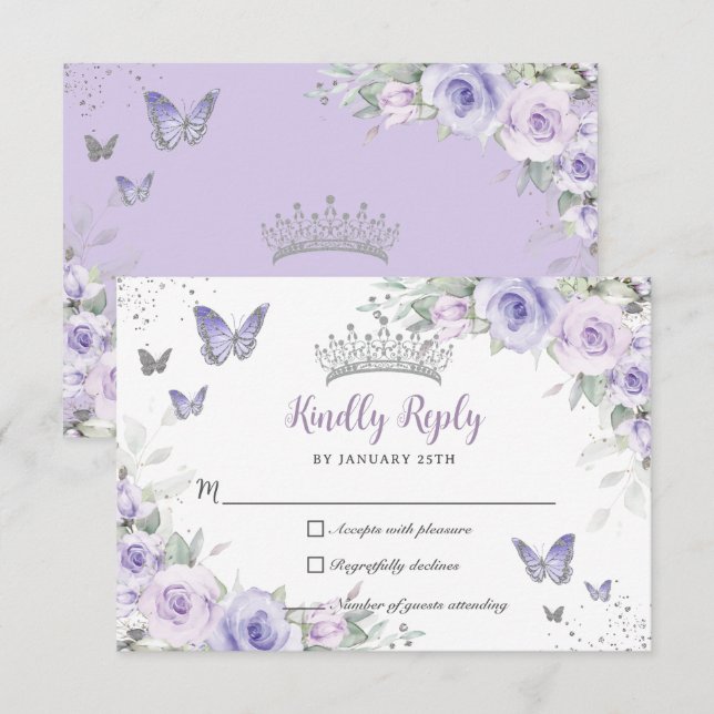 Lavender Lila Flora Schmetterlinge Quinceañera RSVP Karte (Vorne/Hinten)