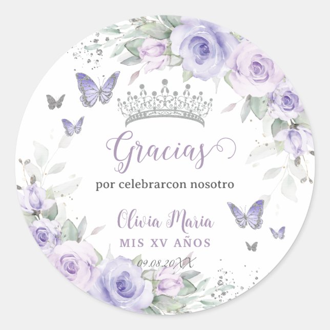 Lavender Lila Flora Schmetterlinge Quinceañera Runder Aufkleber (Vorderseite)