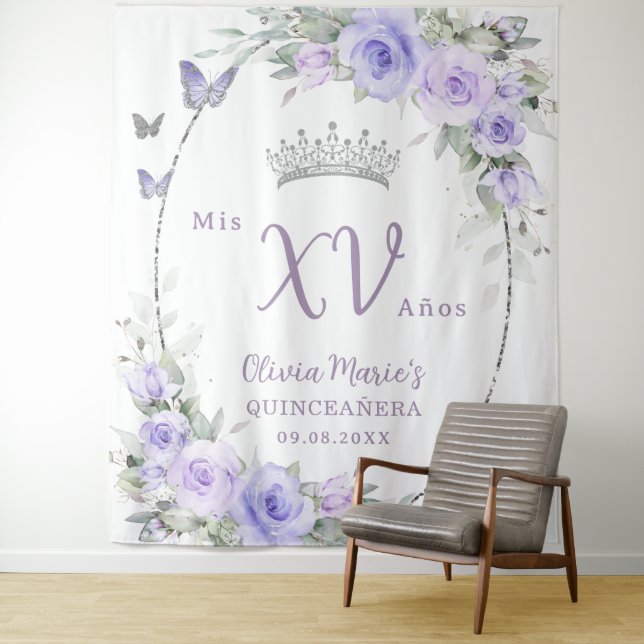 Lavender Lila Flora Schmetterlinge Quinceañera Wandteppich (Beispiel)