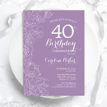Lavender Lila Floral 40. Geburtstag Party Einladung<br><div class="desc">Lavendel Lila Blütenflora 40. Geburtstag Party Einladung. Minimalistisches modernes Design mit botanischen Kontur Zeichnungen Akzente und Typografie Drehbuch Schriftart. Einfache,  trendige Einladungskarte für eine stilvolle Damenfeier. Kann für jedes Alter angepasst werden. Gedruckte Zazzle Einladungen oder Sofortdownload digitalen druckbaren Vorlage.</div>