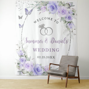 Lavender Lila Floral Butterflies Wedding Bridal Wandteppich