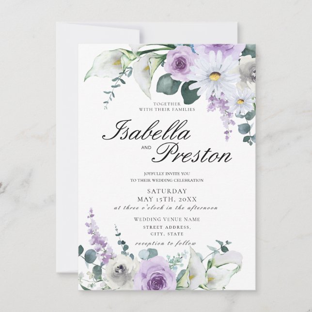 Lavender Lila floral Elegante Lilies Wedding Einladung (Vorderseite)