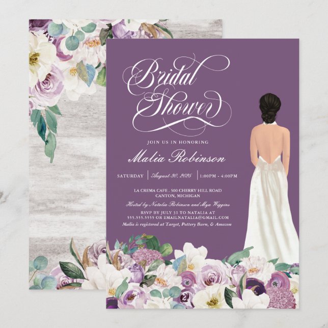 Lavender Lila Floral Elegantes Gown Brautparty Einladung (Vorne/Hinten)