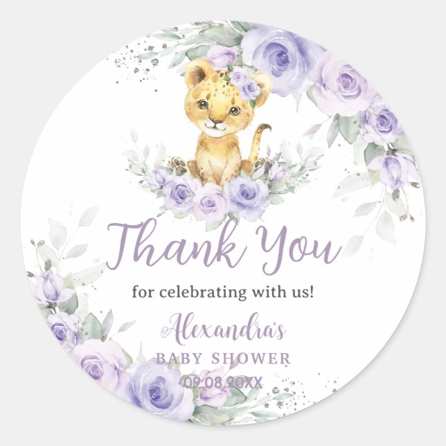 Lavender Lila Floral Lion Cub Babydusche Runder Aufkleber (Vorderseite)