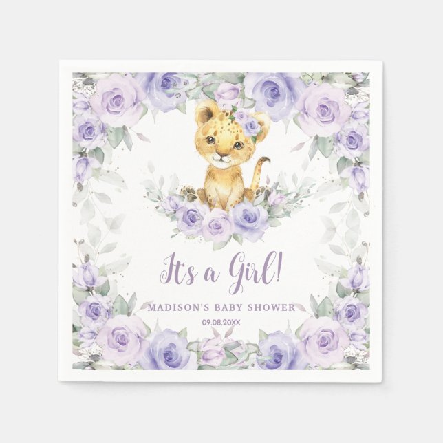 Lavender Lila Floral Lion Cub Babydusche Serviette (Vorderseite)