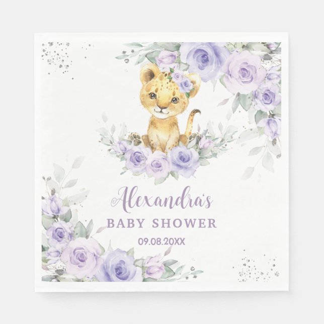 Lavender Lila Floral Lion Cub Babydusche Serviette (Vorderseite)
