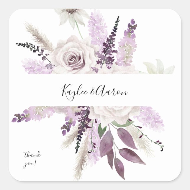 Lavender Lila Floral Vielen Dank Quadratischer Aufkleber (Vorderseite)