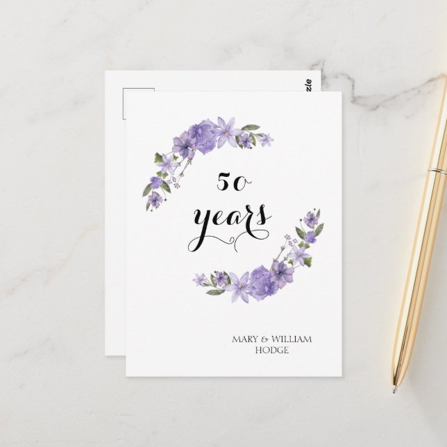 Lavender lila Florale 50. Hochzeitstag Postkarte (Vorderseite/Rückseite Beispiel)