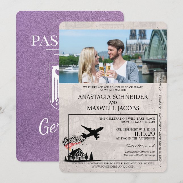 Lavender Lila Germany Passport Wedding Einladung (Vorne/Hinten)