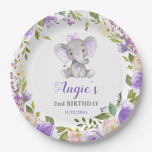 Lavender Lila Girl Elephant Geburtstagsparty Pappteller (Vorderseite)