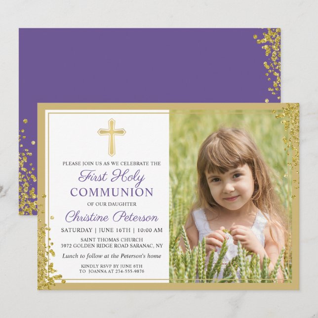 Lavender Lila Gold First Heilige Kommunion Foto Einladung (Vorne/Hinten)