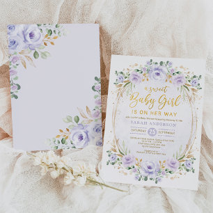 Lavender Lila Gold Floral Baby Girl Dusche Einladung