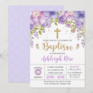 Lavender Lila Gold Floral Girl Taufe Einladung
