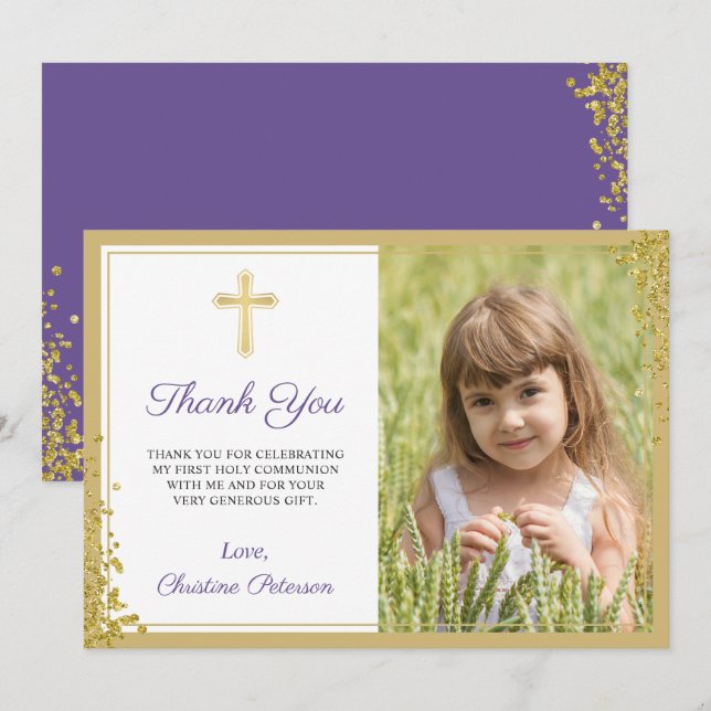 Lavender Lila Gold Glitzer Erste Heilige Kommune Dankeskarte (Vorne/Hinten)