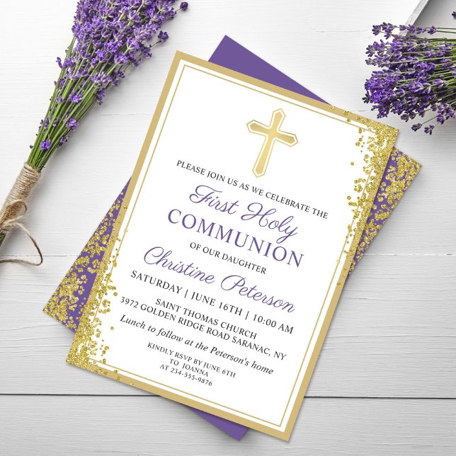 Lavender Lila Gold Glitzer Erste Heilige Kommune Einladung (Von Creator hochgeladen)