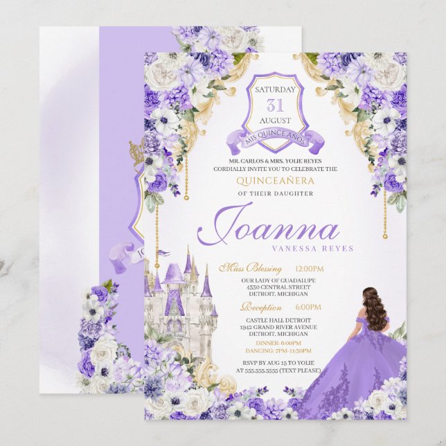 Lavender Lila Gold Königliche Prinzessin Burg Einladung (Vorne/Hinten)