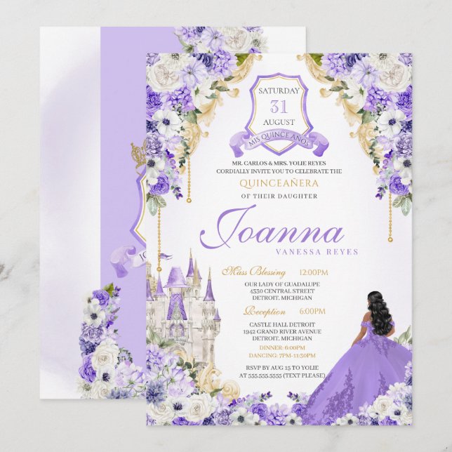 Lavender Lila & Gold Royal Princess Quinceanera Einladung (Vorne/Hinten)