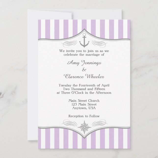 Lavender Lila Gray Nautical Wedding Einladung (Vorderseite)