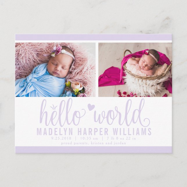 Lavender Lila Hello World Foto Geburtsstat Ankündigungspostkarte (Vorderseite)