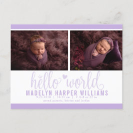 Lavender Lila Hello World Foto Geburtsstat Ankündigungspostkarte