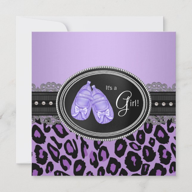 Lavender Lila Leopard Baby Girl Dusche Einladung (Vorderseite)