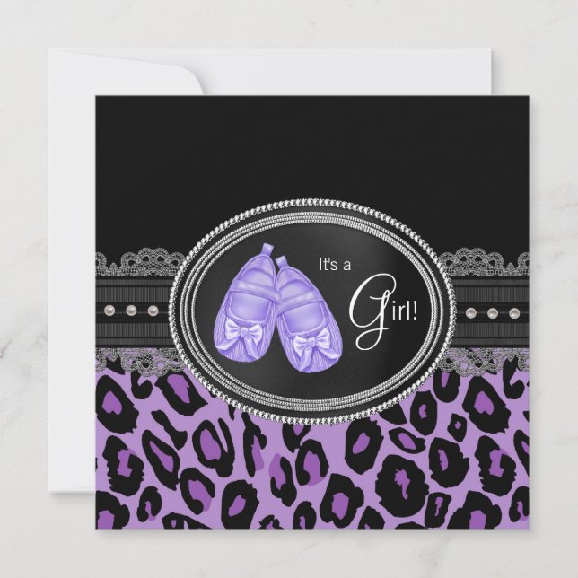 Lavender Lila Leopard Baby Girl Dusche Einladung (Vorderseite)
