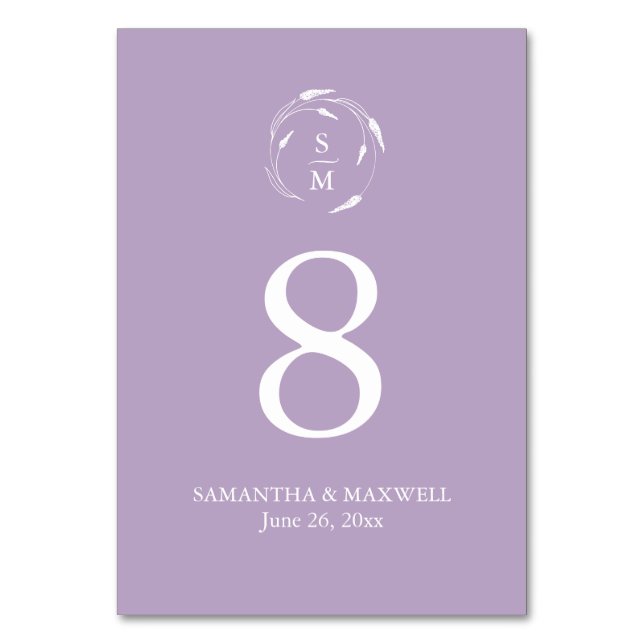 Lavender Lila Monogram Wedding Tischnummer Card (Vorderseite)