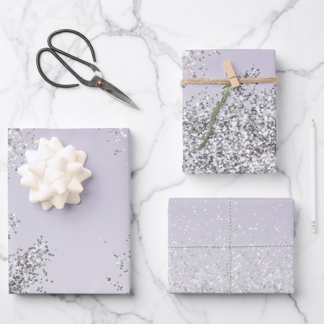 Lavender Lila Ombre Silver Glitzer Sparkle Geschenkpapier Set (Vorderseite)