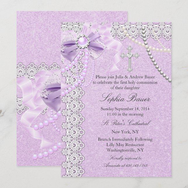Lavender lila Pearl Bow Cross Heilige Kommune Einladung (Vorne/Hinten)