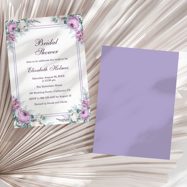 Lavender Lila Peonies Bridal Dusche Einladung (Lavender Purple Peonies Bridal Shower Invitation on a sunny white dry palm leaf.)