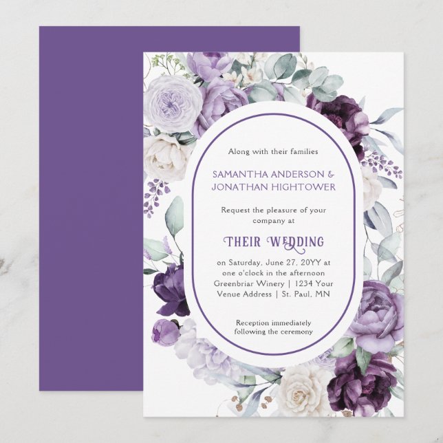 Lavender Lila Peonies Oval Border Wedding | Einladung (Vorne/Hinten)