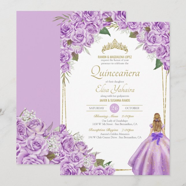 Lavender Lila Quinceanera Elegante Rose Einladung (Vorne/Hinten)